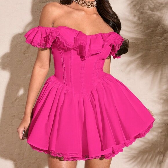 Hot Pink Elegant Women's Sexy Off Shoulder Lace Ruffled Chest Lace Edge Dress - Picture 6 of 7